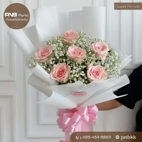 ช่อกุหลาบชมพู ห่อขาว ผูกโบว์ชมพู น่ารัก สไตล์เจ้าหญิง ร้านดอกไม้ขอนแก่น