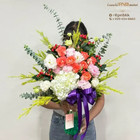 แจกันดอกไม้โทนสีส้มและโอรส หรูหรา สำหรับแสดงความยินดี เปิดร้านใหม่ ขอนแก่น
